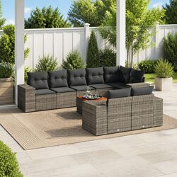 9-Piece Grey Modular Rattan Sofa Set with Acacia Top