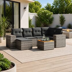 7 Piece Garden Sofa Set: Grey PE Rattan with Cushions
