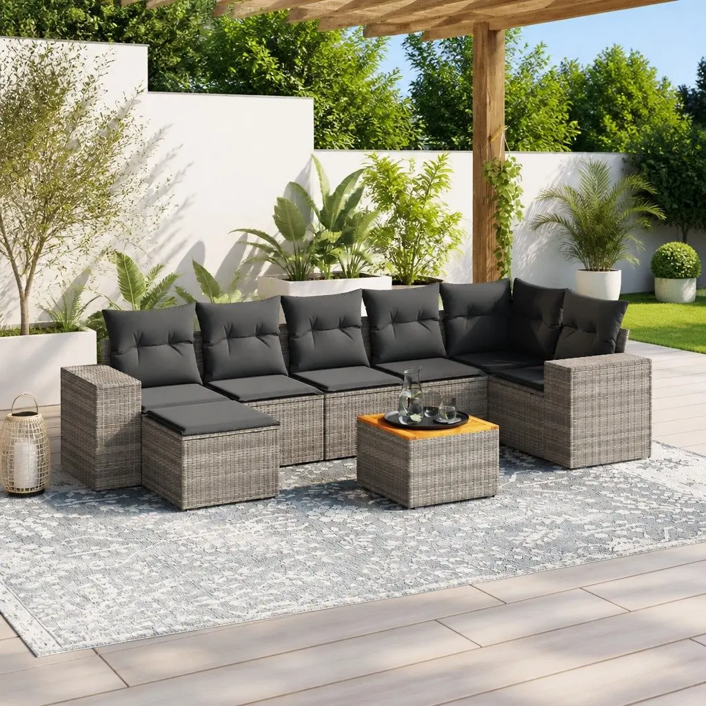 Modular Outdoor Furniture Sofa Set 8 Piece Grey Poly Rattan with Acacia Wood Table and Thick Cushions for Patio Garden