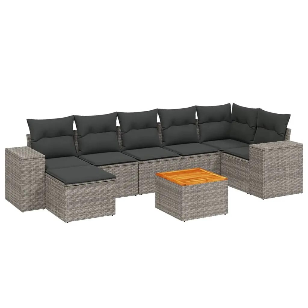 Modular Outdoor Furniture Sofa Set 8 Piece Grey Poly Rattan with Acacia Wood Table and Thick Cushions for Patio Garden