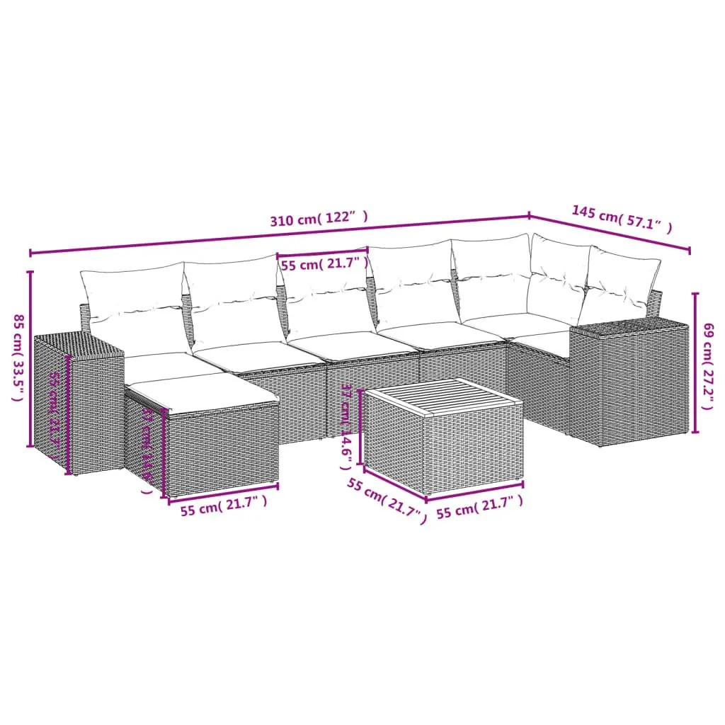 Modular Outdoor Furniture Sofa Set 8 Piece Grey Poly Rattan with Acacia Wood Table and Thick Cushions for Patio Garden