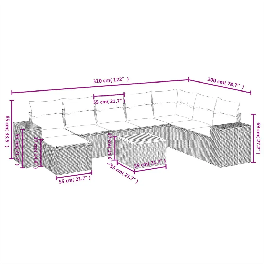 Garden Sofa Set Outdoor Furniture 9 Piece Modular Grey Poly Rattan