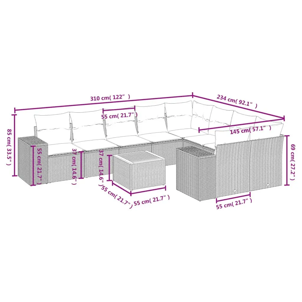10 Piece Outdoor Grey Poly Rattan Sofa Set