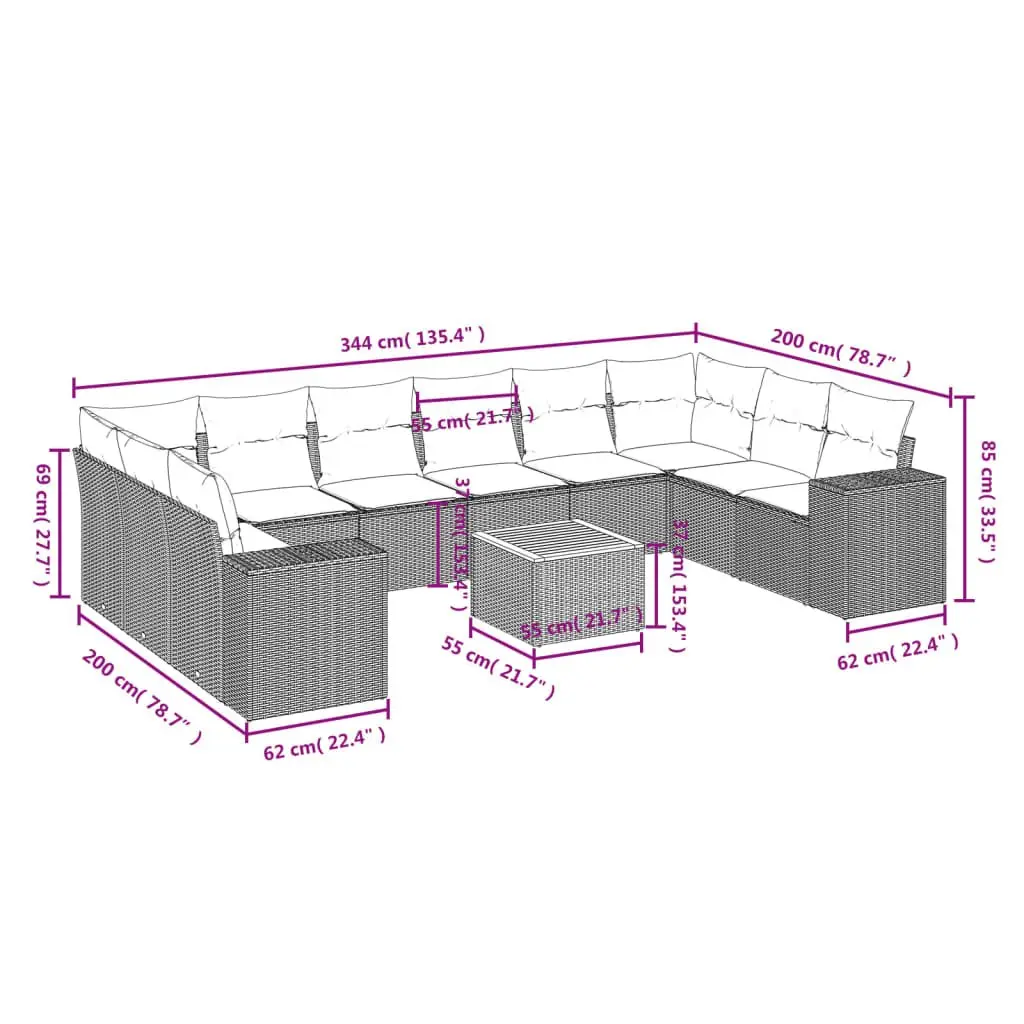 11 Piece Modular Outdoor Sofa Set Beige Patio Lounge with Cushions for Backyard or Terrace