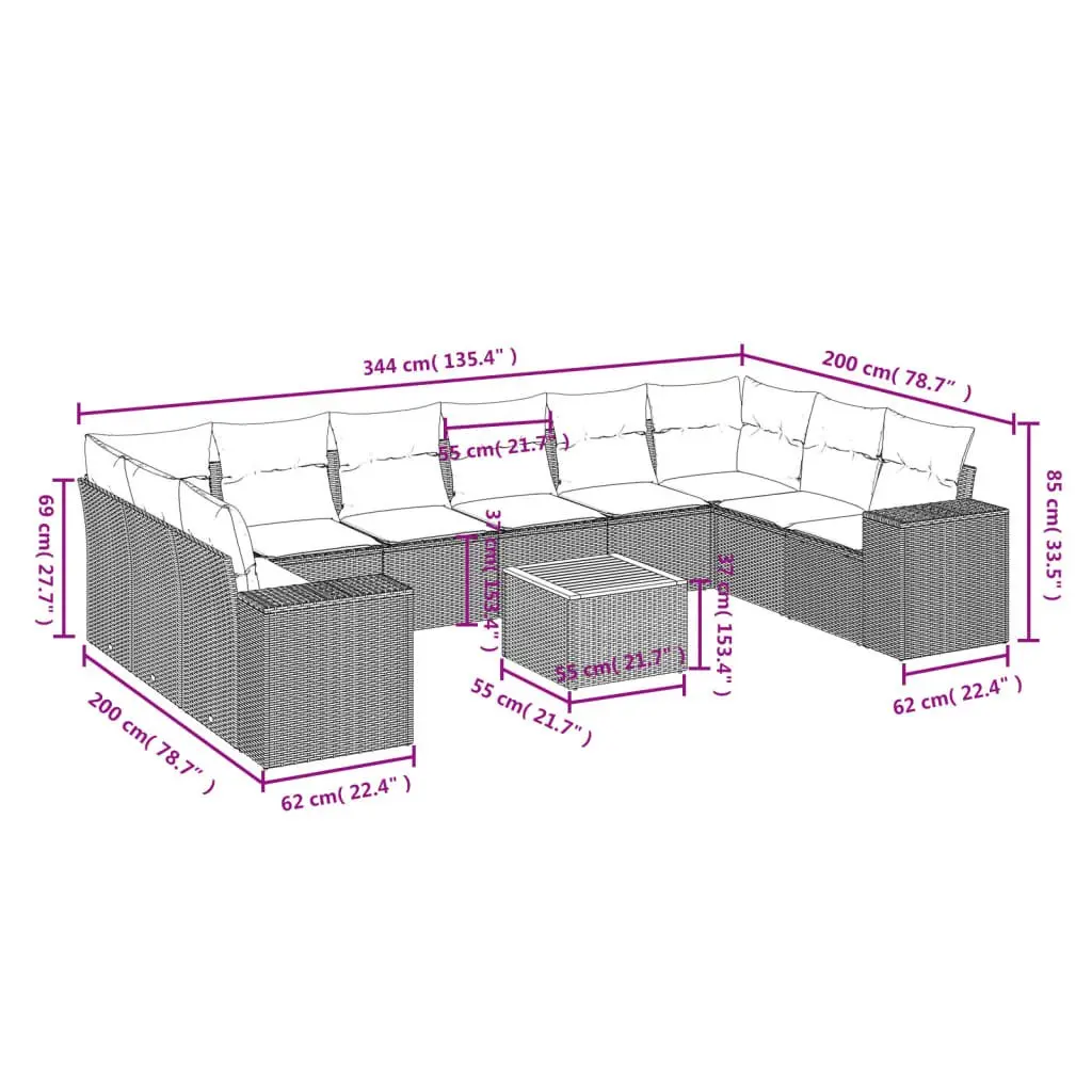 Garden Sofa Set 11 Piece Outdoor Furniture Grey Patio Seating