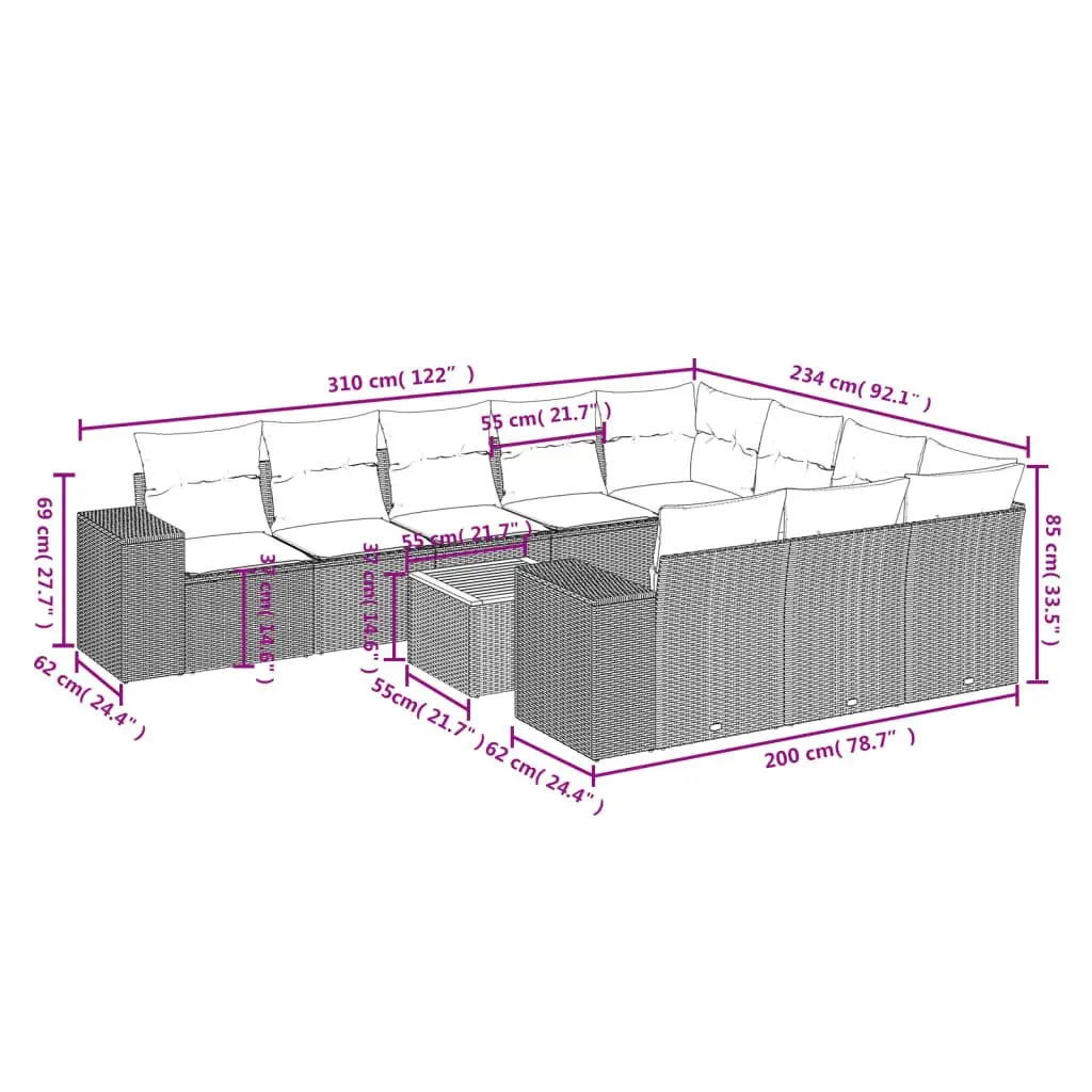 11 Piece Modular Outdoor Furniture Set for Patio Grey Cushioned Sofa