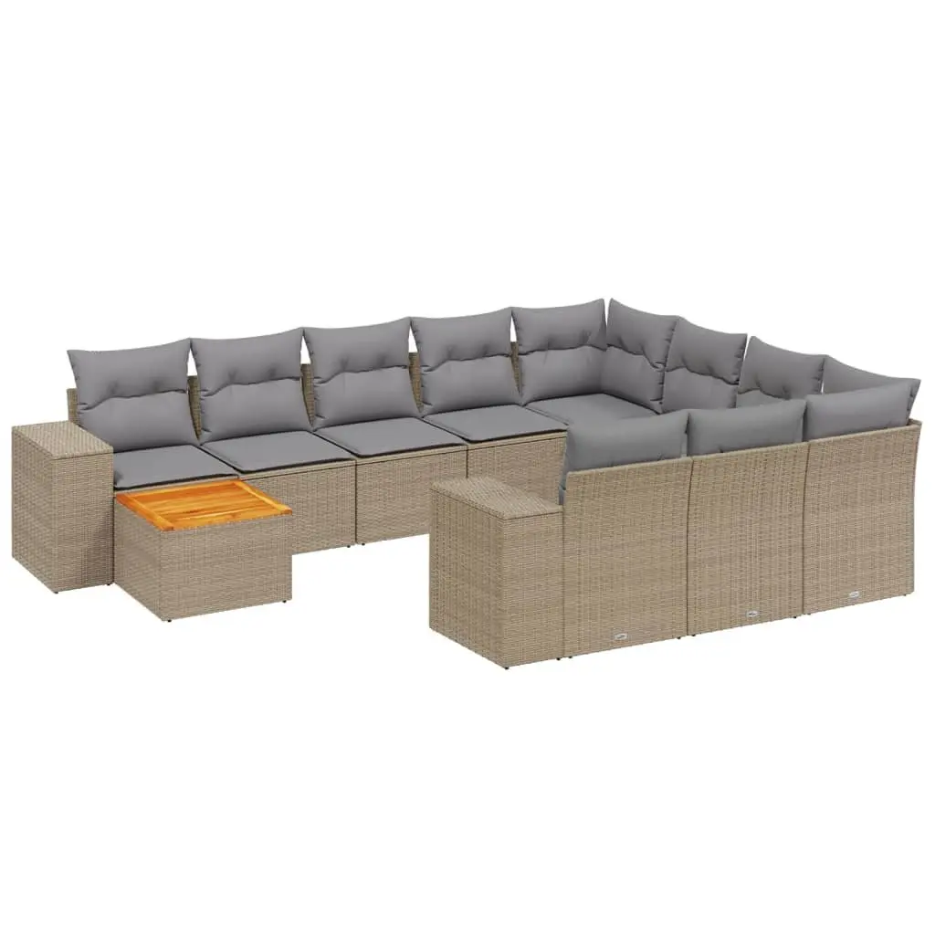 11 Piece Modular Outdoor Sofa Set for Patio Seating with Beige Cushions and Acacia Wood Tabletop