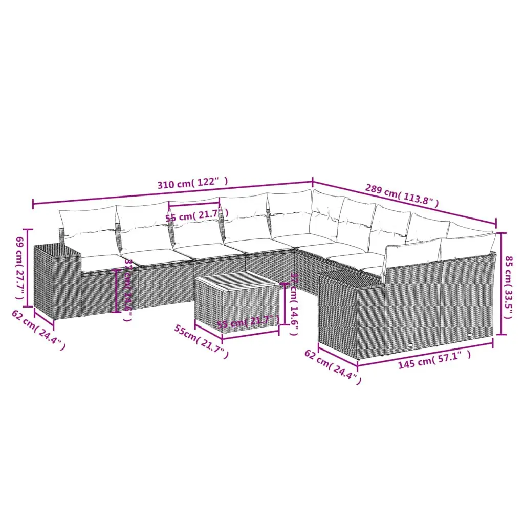11 Piece Outdoor Sofa Set Garden Patio Furniture Grey with Cushions
