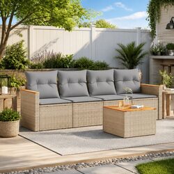 5-Piece Garden Sofa Set - Beige PE Rattan & Acacia Table