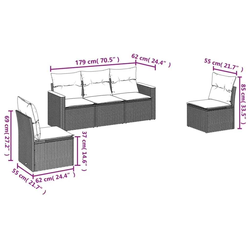 Modular Outdoor Garden Sofa Set 5 Piece Patio Furniture with Beige Cushions for Backyard and Terrace