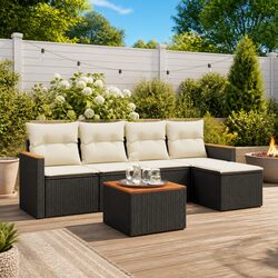 Garden Sofa Set 6 Piece Outdoor Patio Furniture Black Poly Rattan Modular