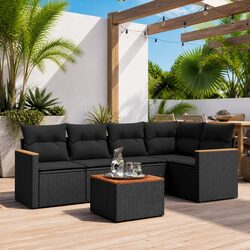 6 Piece Black Patio Sectional Sofa Set with Acacia Top
