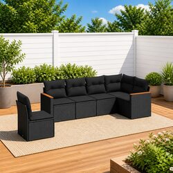 Garden Sofa Set 6 Piece Outdoor Patio Furniture with Cushions Black Rattan