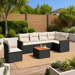 7 Piece Outdoor Garden Sofa Set with Cushions Black Poly Rattan Patio Furniture