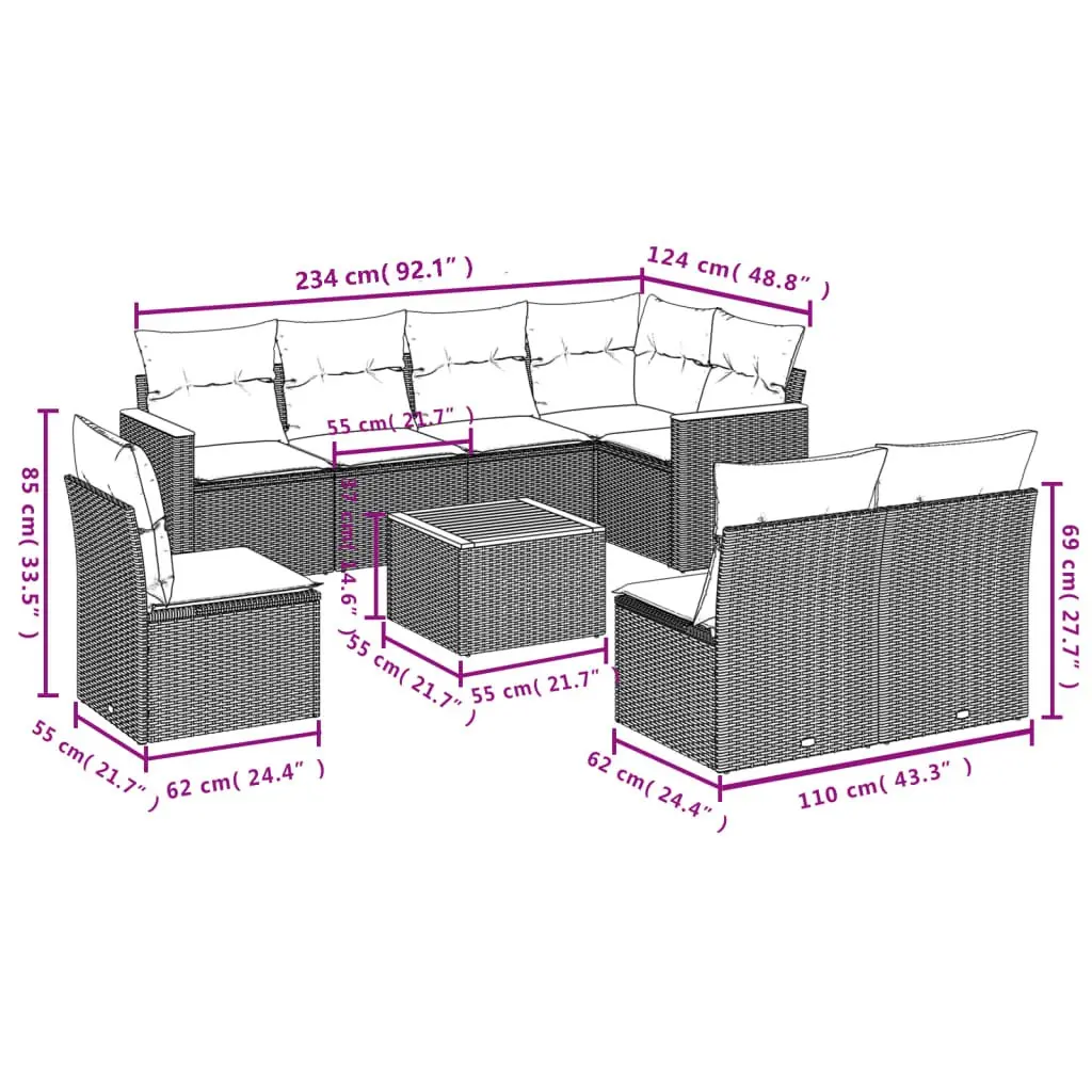 Garden Sofa Set 9 Piece Outdoor Furniture Grey Poly Rattan Patio Sectional