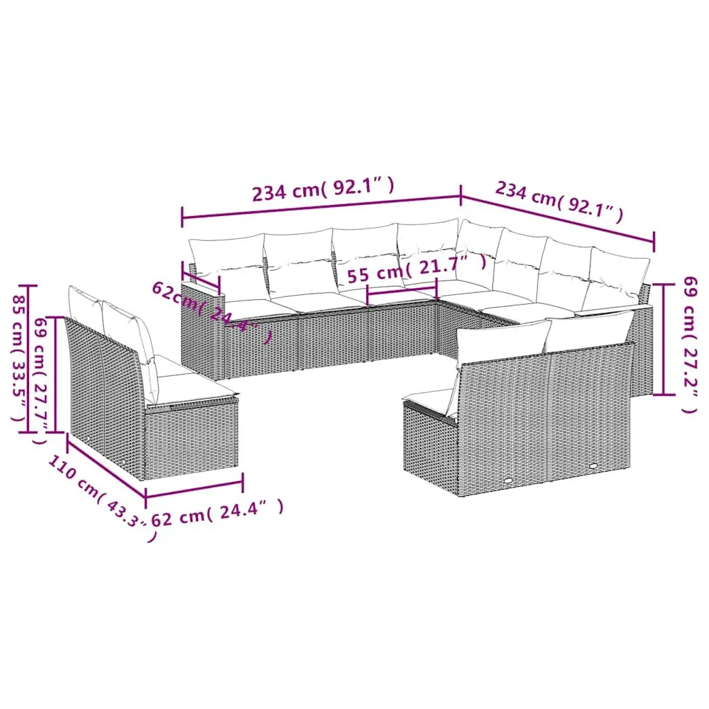 Modular Outdoor Furniture Set 11 Piece Black Rattan Cushioned for Garden Patio and Backyard
