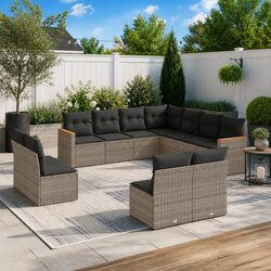 Garden Sofa Set: 11 Pieces, PE Rattan, Grey Cushions