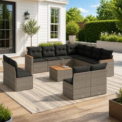 Garden Sofa Set: 12 Pieces in Grey with Acacia Wood Table