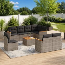 Factual 9 Piece Grey Garden Sofa Set with Acacia Tabletop