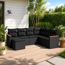 Garden Sofa Set 7 Piece Outdoor Patio Furniture with Cushions Black Rattan