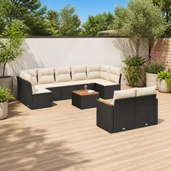 10-Piece Garden Sofa Set with Black Rattan and Acacia Wood