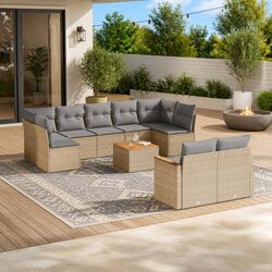 10 Piece Garden Sofa Set with PE Rattan and Acacia Table