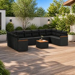 Outdoor Garden Sofa Set 11 Piece Black Poly Rattan Patio Furniture with Cushions