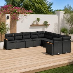 10-Piece Black Rattan Garden Sofa Set with Removable Cushions