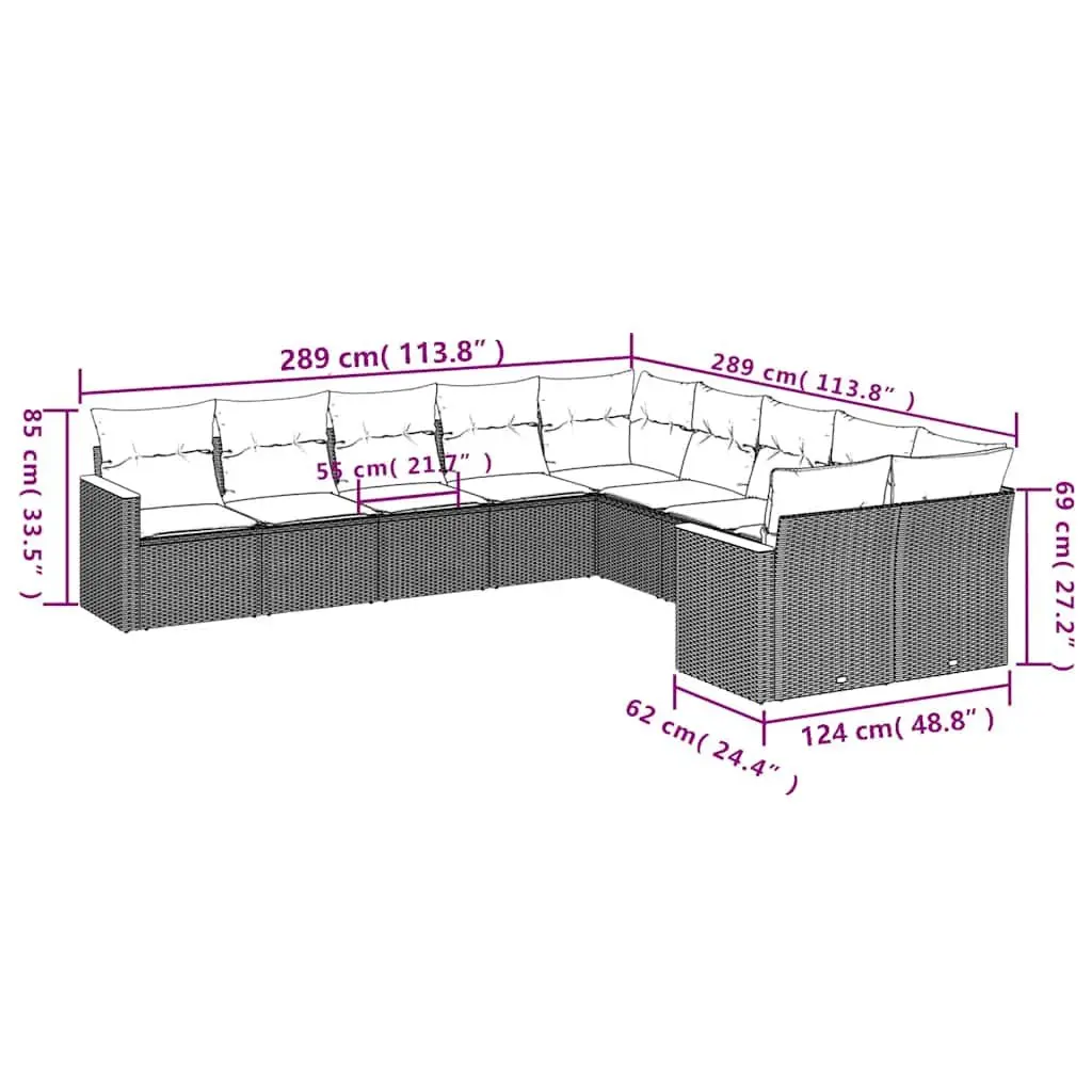 10-Piece Black Rattan Garden Sofa Set with Removable Cushions