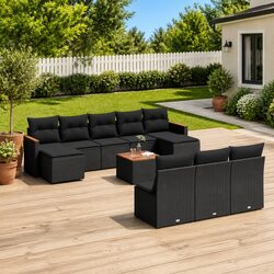 Garden Sofa Set 11 Piece Outdoor Furniture Black Poly Rattan Modular Patio