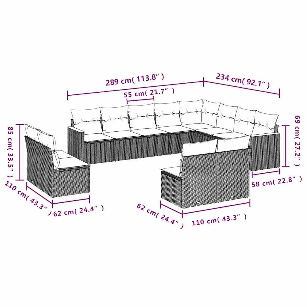 Garden Sofa Set Outdoor Furniture Patio Sectional 12 Piece Black Modular