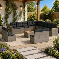 Garden Sofa Set: 14 Pieces of Grey Poly Rattan Furniture