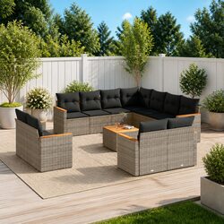 Garden Sofa Set - 12 Modular Pieces in Grey with Acacia Top