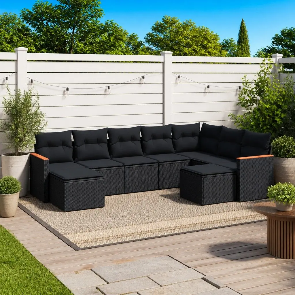 9-Piece Modular Black Rattan Sofa Set for Outdoors
