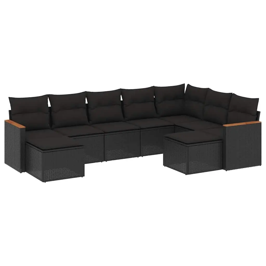 9-Piece Modular Black Rattan Sofa Set for Outdoors