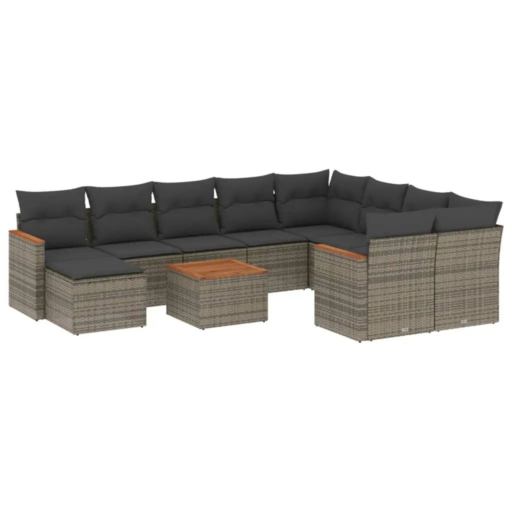 11 Piece Modular Garden Sofa Set for Outdoor Patio Seating in Grey Rattan with Cushions and Acacia Wood Table