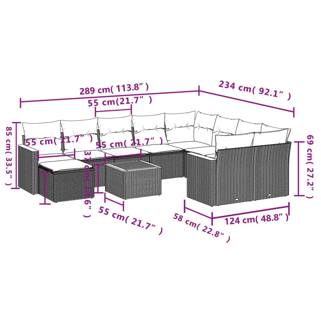 11 Piece Modular Garden Sofa Set for Outdoor Patio Seating in Grey Rattan with Cushions and Acacia Wood Table