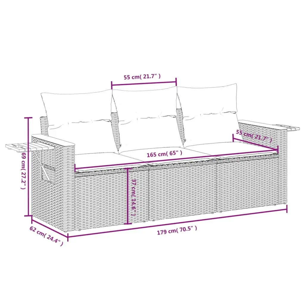 Garden Sofa Set Outdoor Furniture 3 Piece Black PE Rattan Patio Conversation