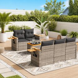6 Piece Garden Sofa Set: Grey Rattan & Acacia Wood Specs