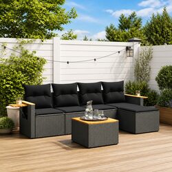 6 Piece Garden Sofa Set with Cushions Black Poly Rattan Outdoor Patio Furniture