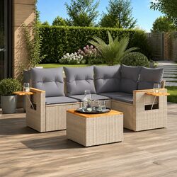 5-Piece Outdoor Sofa Set: Beige Poly Rattan & Wood