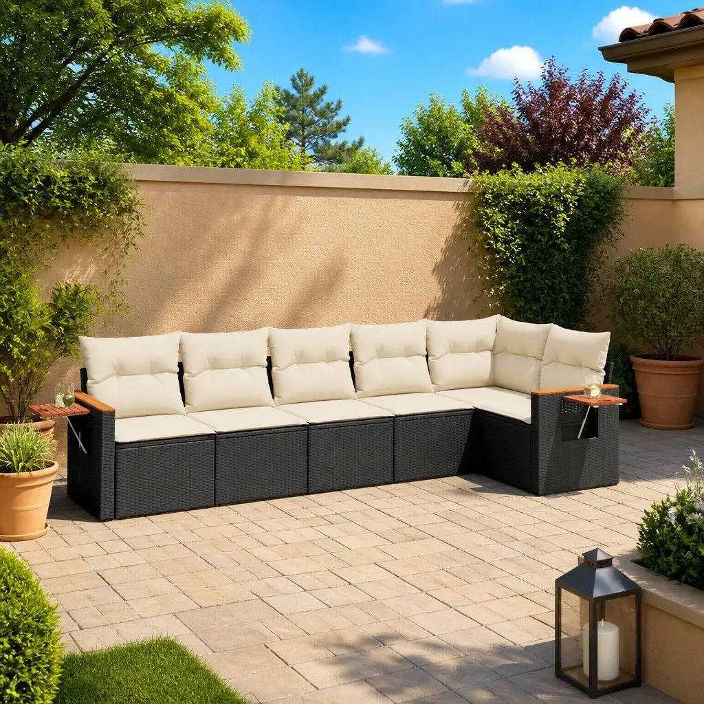 6 Piece Black Outdoor Sofa Set with Cushions