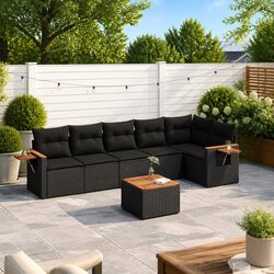 7 Piece Outdoor Garden Sofa Set Black Poly Rattan Patio Furniture with Cushions