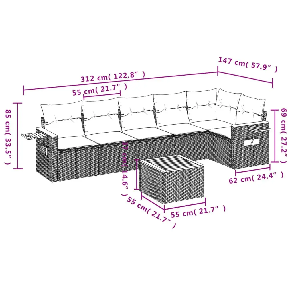 7 Piece Garden Sofa Set Outdoor Furniture with Cushions Grey Poly Rattan Patio