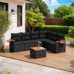7 Piece Modular Garden Sofa Set, Black Rattan & Wood