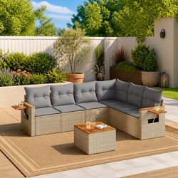 7 Piece Beige Garden Sofa Set with Acacia Wood Table