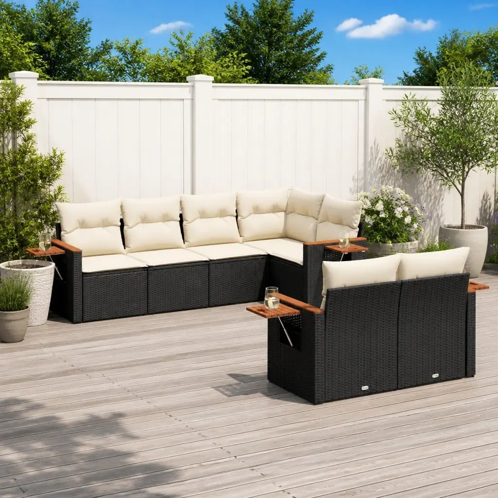 Outdoor Furniture Set 7 Piece Black Rattan Sofa for Patio Garden with Cushions