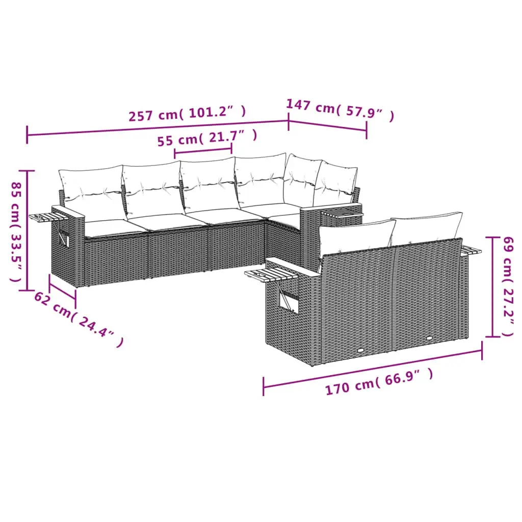 Outdoor Furniture Set 7 Piece Black Rattan Sofa for Patio Garden with Cushions