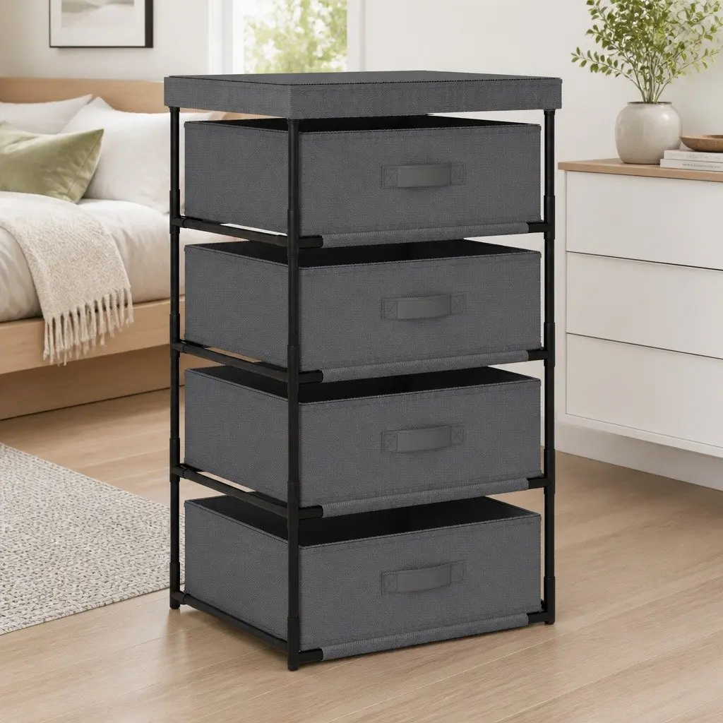 Storage Rack for Home with 4 Removable Fabric Baskets Grey Steel Frame