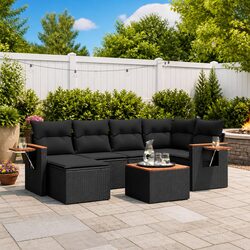 7 Piece Garden Sofa Set Outdoor Patio Furniture Black Poly Rattan with Cushions